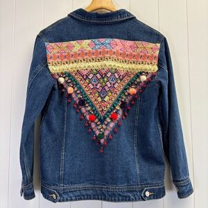 Mango Women Boho Festival Embroidered Denim Jacket Size S Whimsical Geometric
